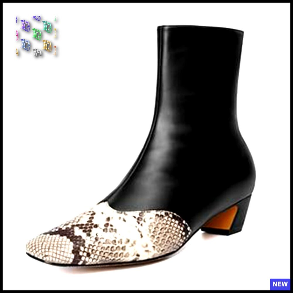 Snakeskin Patchwork Ankle Booties Square Toe Kitt… - image 4